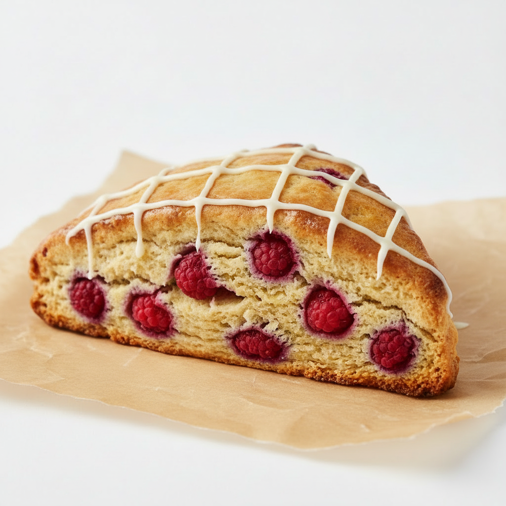 Raspberry White Chocolate Scone with criss-cross white chocolate drizzle