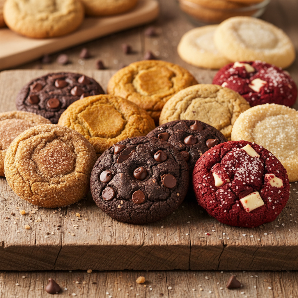 Assorted homemade cookies including Midnight Chunk, Spice Snap, Golden Crave, Old-Fashioned Comfort, Crimson Crumb, and Sugar Cookie